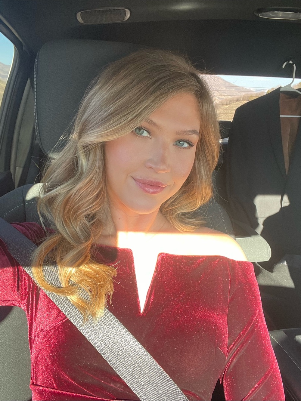 Xscape Burgundy Velvet Long Sleeve Off-Shoulder Dress - Picture 3 of 4